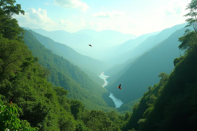 Paisaje exuberante de Chiapas con aves volando, una escena de ecoturismo