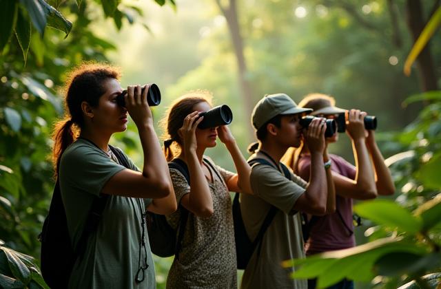 Grupo de personas observando aves exóticas en la selva de Chiapas con binoculares