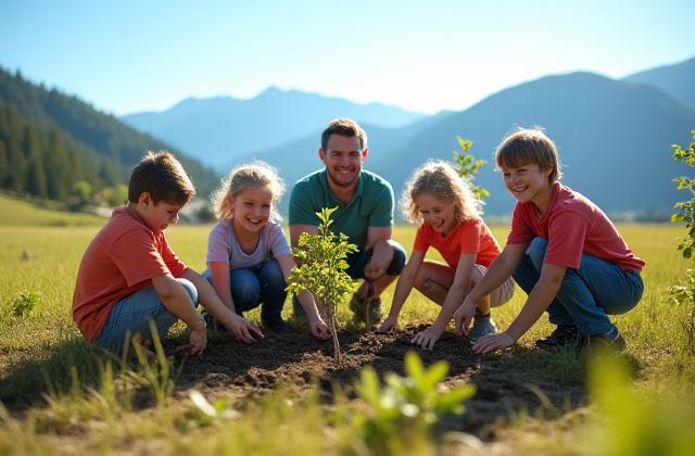Niños participando en un taller de educación ambiental al aire libre, plantando un árbol con guías