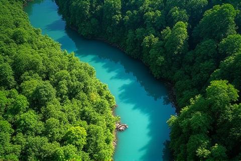 Vista aérea de un paisaje forestal denso con un río, simbolizando la conservación de hábitat
