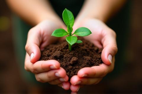 Primer plano de manos tiernas plantando una pequeña plántula en tierra fértil, simbolizando la restauración