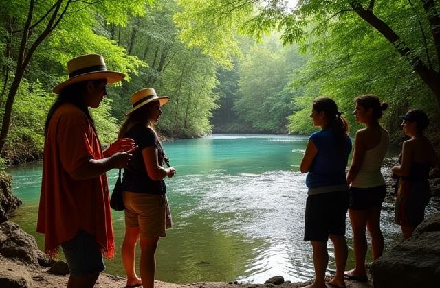Guía local explicando la flora a un pequeño grupo de turistas en un entorno natural exuberante