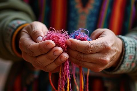 Mano de un lugareño mostrando productos artesanales a un turista, en un mercado al aire libre