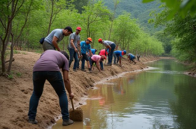 Voluntarios plantando pequeños arbustos y árboles a la orilla de un río como parte de un proyecto de restauración de hábitat